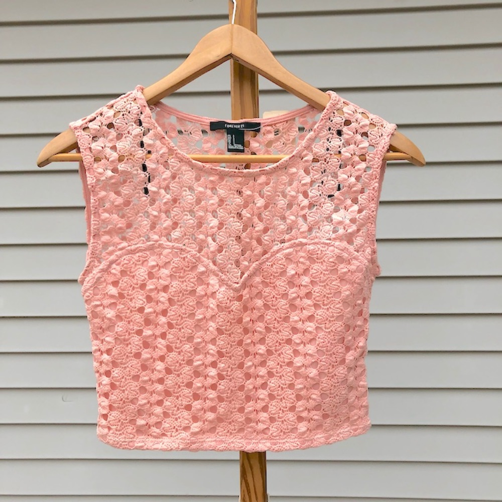 NWT Pink Crochet Crop Top with See Through Back